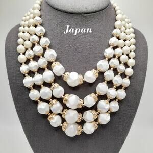 Vintage Japan White Bead Necklace, Lucite Art Beads, Gold Filigree, 1950s, 19"